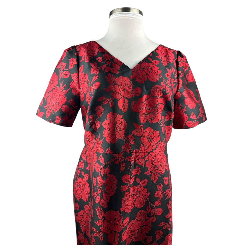 NWT Talbots Back Bow Floral Jacquard A-Line Dress Red Black Lined Zip Size 14 - Picture 4 of 16